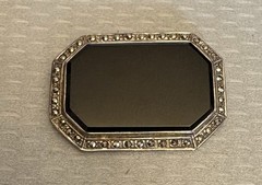 Vintage 925 Sterling Silver Black Onyx Marcasite Brooch Art Deco Revival Octagon