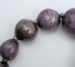 Vintage Sterling Silver Purple Ceramic Beaded Necklace 30″ Long Metallic