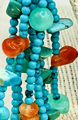 Vtg 58 Inch Beaded Tassel Lariat Necklace Sterling, Turquoise , Chrysoprase etc.