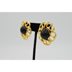 Vintage Cabochon Earrings Chain Link Round Gold Black Beaded Chunky NOS 1980s 9H