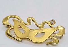Masquerade Theater Mask Brooch Mardi Gras Pin Gold tone Crystal Accent Vintage