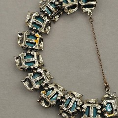 Vintage Teal Blue Moonglow Thermoset Bracelet + Lisner Brooch Cabochon Gold Tone