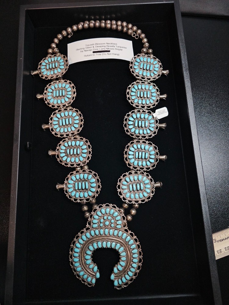 Vtg Navajo Sterling Silver LARRY MOSES BEGAY Turquoise Squash Blossom Necklace