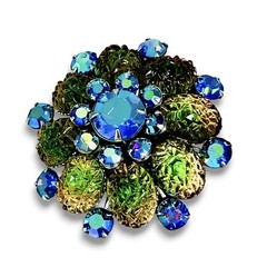 Vintage Unsigned Judy Lee Molded Lava Glass Peacock AB Rhinestone Flower Brooch