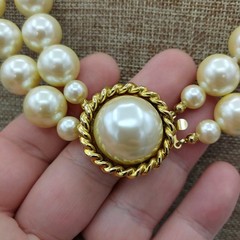 CAROL LEE Faux Chunky Pearl Double Strand Choker Necklace Pendant Gold Toned 30″