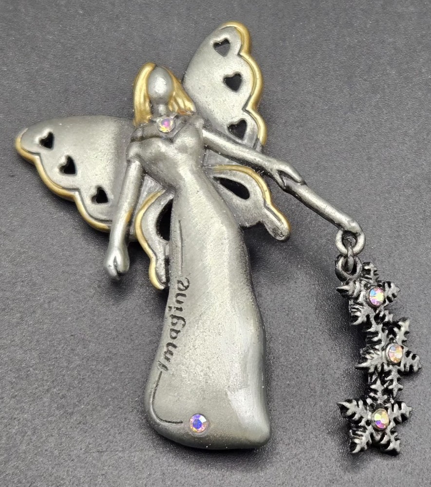 Vintage DD Signed Imagine Winter Fairy Angel Brooch Two Tone Pewter AB…