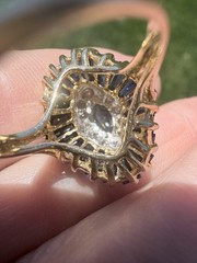 VINTAGE Y. GOLD GENUINE DIAMOND BLUE SAPPHIRE COCKTAIL RING 5.5 BAGUETTE MARQUIS