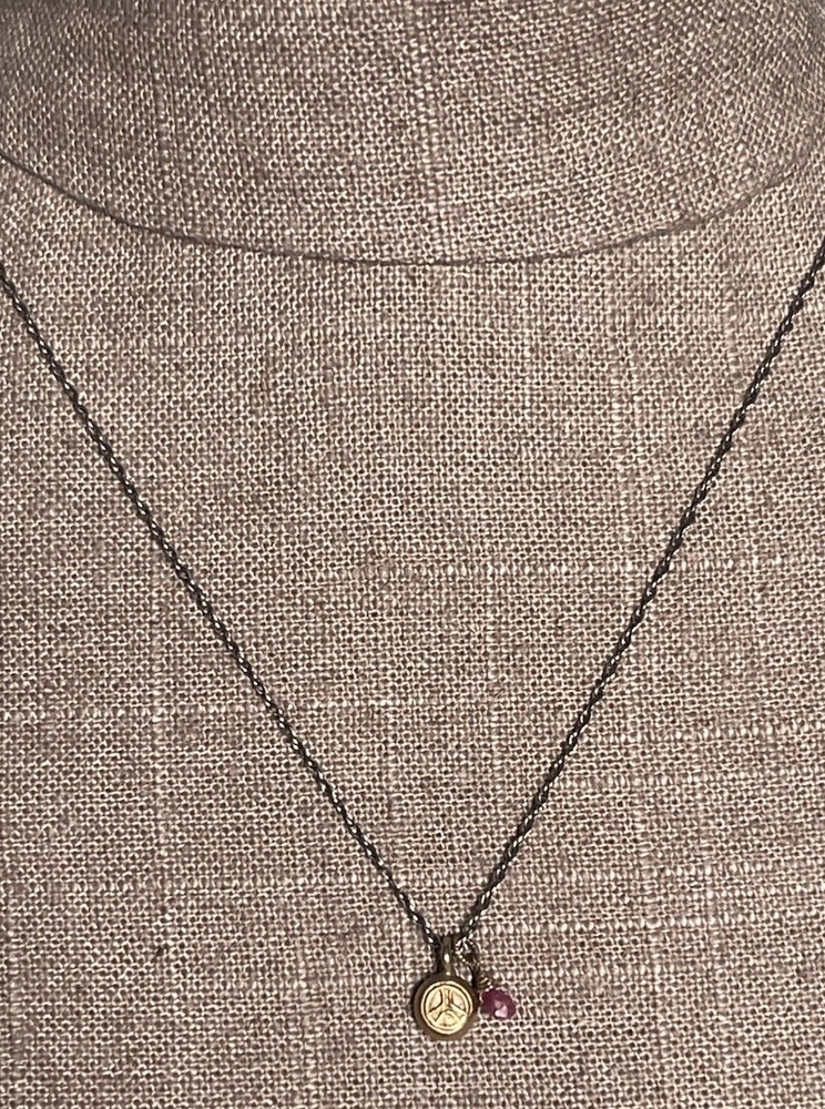 Sterling Silver Tiny Peace Sign Pendant Necklace with Pink Gemstone Dangle 18”