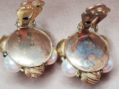 Vintage Lisner Clip On Earrings Gold Tone Pearl Bead Cluster Clear AB Crystal