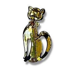 Vintage 2″ Black Cat Pin Brooch Rhinestone Eyes Gold Bow Matte Finish Halloween