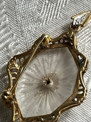 14K Solid Gold Art Deco Camphor Glass Diamond Filigree Pendant Brooch Pin 1.5″