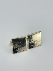 Vintage Swank square mens cufflinks raised etched leaf motif with black enamel