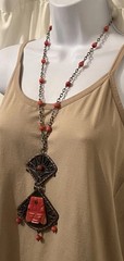 Vtg Mixed Metal Brutalist Onyx Aztec Mayan Signed Casa Luna Pendant Necklace