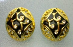 Oval Black Enamel & Clear Rhinestone Stud Earrings Vintage Pierced Everyday Glam