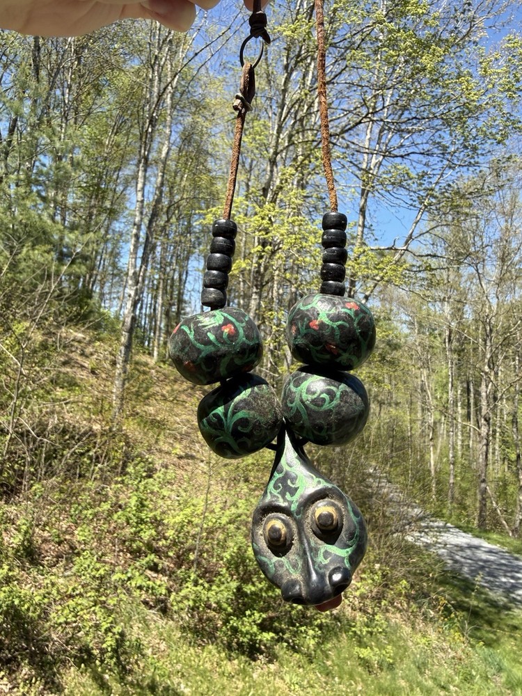 Vintage Folk Art Snake Necklace Hand Painted Beads Leather Cord Tribal Primitive