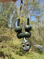 Vintage Folk Art Snake Necklace Hand Painted Beads Leather Cord Tribal Primitive