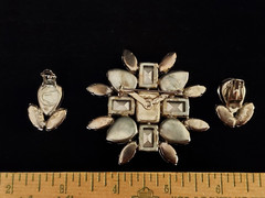 Vintage Watermelon Rhinestone Brooch & Clip on Earrings Prong Set Foil Back