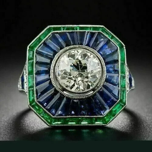 3.10Ct Art Deco Style Round Lab-Created Diamond Sapphire Ring 14k White Gold FN