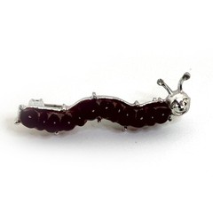 1970s Silver Tone Caterpillar Brooch Burgundy Cabochon Insect Pin