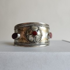 Vintage Tribal Cuff Bracelet | Mixed-Silver 800-900 Content | Red Carnelian Acce