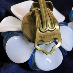 Vintage West Germany Blue White Lucite Flower Clip Earrings Articulated Petals