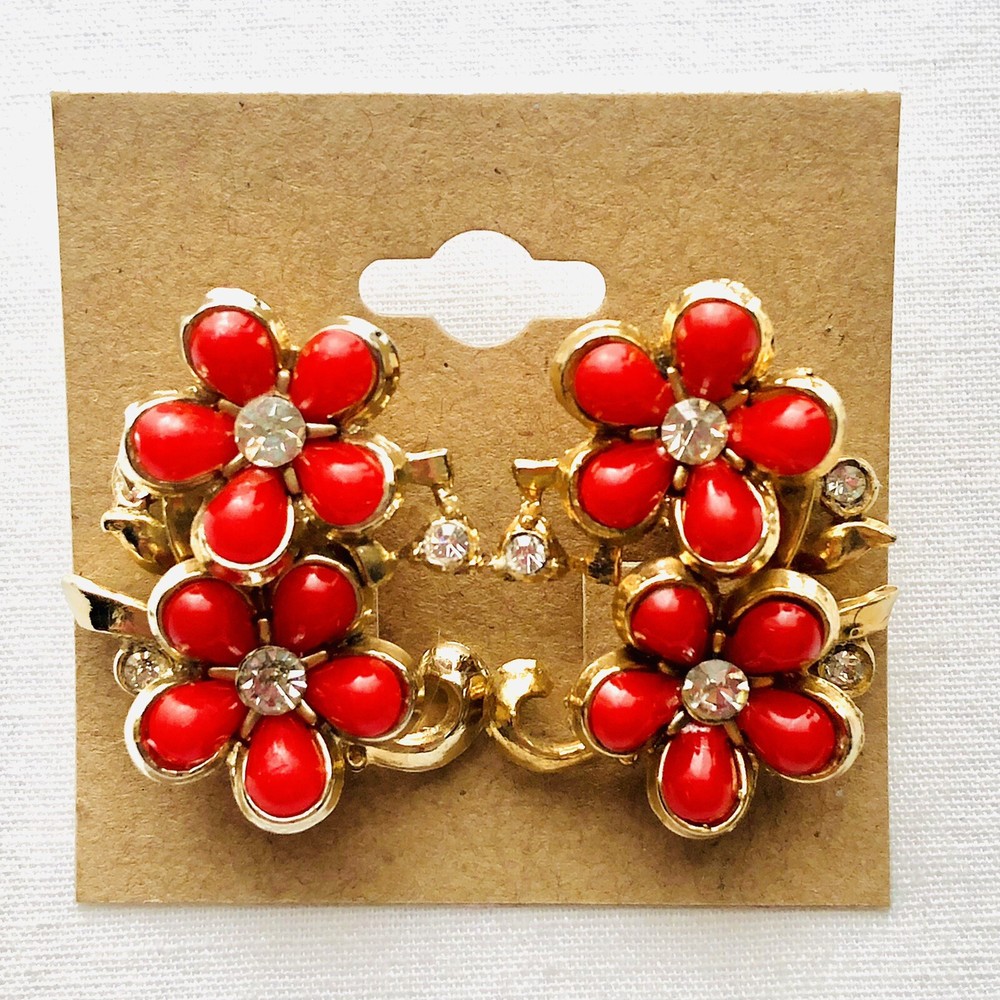 VTG Coro Red Flower Rhinestone Earrings Screw Back Signed Floral Nature Jewelry
