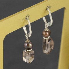Smoky Quartz Pearl Dangle Latchback Earrings | Vintage Sterling Silver 925