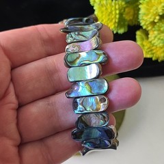 Vintage Polished Abalone Shell Beads Stretch Bracelet 7-7.5″ Wrist sz M-XL