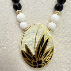 Vintage Japan Beaded Necklace Black White Gold Leaf Pendant Mid Century Modern