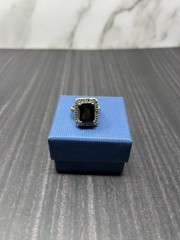 Vintage Signed Emerald Cut Black Stone Halo Style Ring 5.75