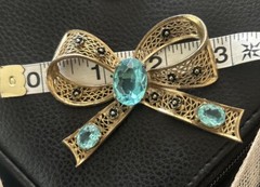 Vintage 1940s Rhinestone Bow Enamel Flawed No Clasp Turquoise Unsigned
