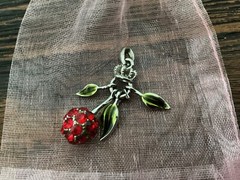 Vintage JUICY COUTURE Rhinestone Red Cherry Pendant Enameled Leaves