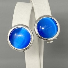 Vtg Stud Button Earrings Silver Tone Metal Blue Moonglow Cabochons Clip On Retro