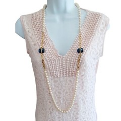 Vtg Faux Pearl Emerald Cut Blue Glass Necklace Knotted Strand 45″ Long 9.8mm