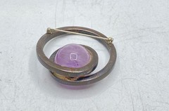 Vintage Sterling Silver 925 Amethyst Cabochon Modernist Orbital Brooch 45mm