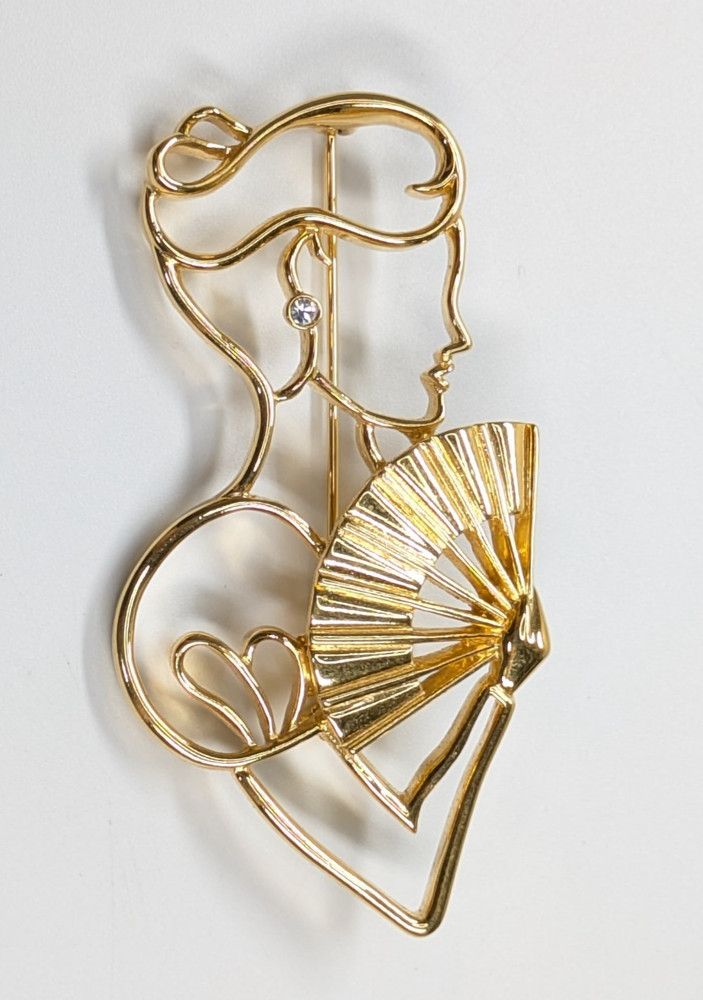 Vintage Lady Remington Woman & Fan Silhouette Gold Tone Brooch Pin 3.25″