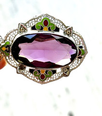 Deco Purple Glass & Multicolor Enamel Filigree Pendant Signed Helgen 17.75”Huge