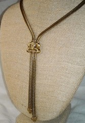 Vintage Signed Goldette Cameo Tassel Necklace Lariat Gold Plated Herringbone
