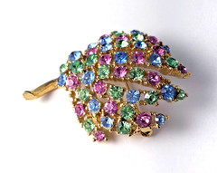 Vintage Pastel Rhinestone Palm Frond Brooch Pink Blue Green Leaf Pin