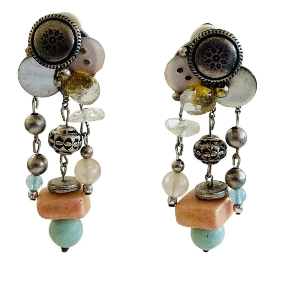 VTG Button Earrings Dangle statement Chunky Silver Pink Lucite Clip 1990s Rare