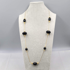 Vintage Station Black Bead Necklace Gold tone Chain Long 30″