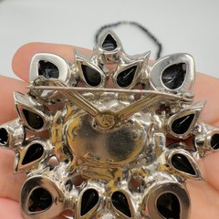 Vintage Brooch Necklace Set Black Glass Clear Rhinestones