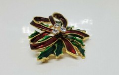Rhinestone Enamel Green and Red Christmas Bow Brooch Pin Pendant 2″