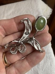 Vintage JJJ Signed Green Agate Sterling Silver Flower Brooch Pin