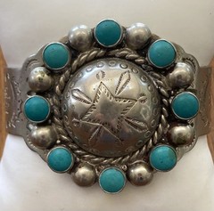 Vintage Bracelet Nickel Silver Faux Turquoise Cuff Stamped BELL TRADING POST
