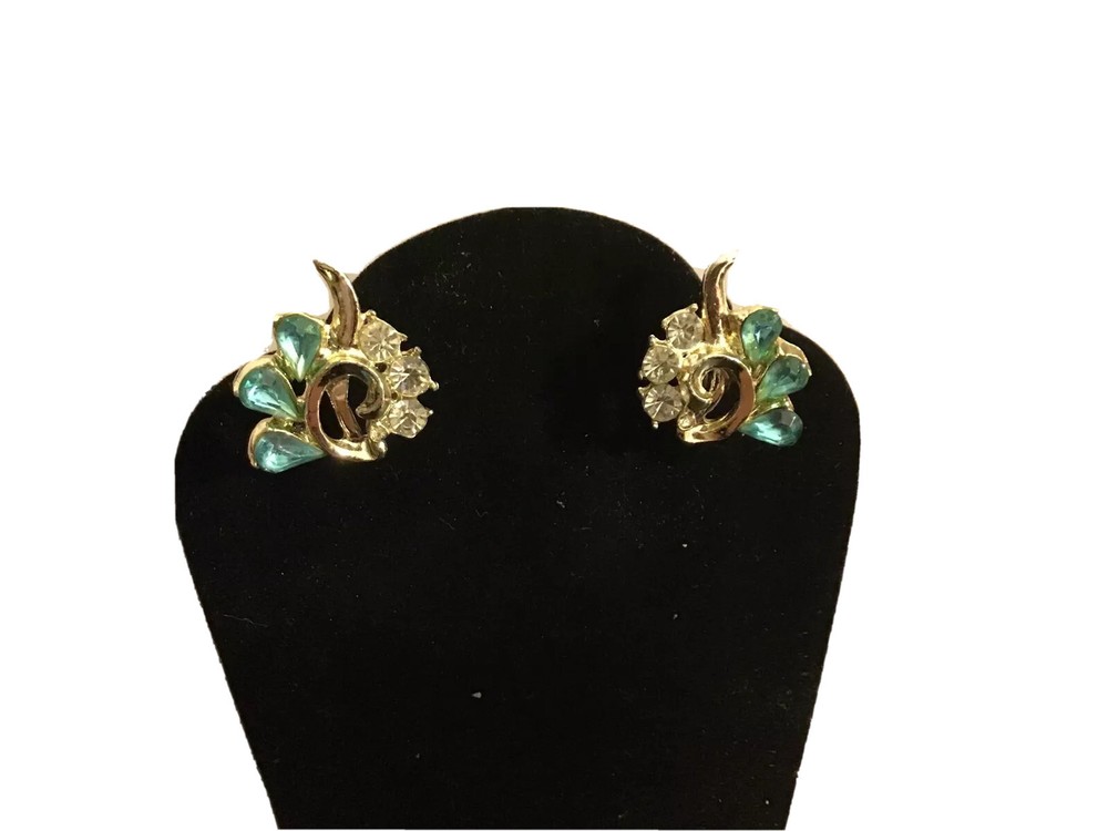 Screw Back Earrings Teal & Crystal Rhinestone Prong Rhodium Plated Vintage