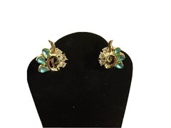 Screw Back Earrings Teal & Crystal Rhinestone Prong Rhodium Plated Vintage