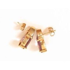 Vintage Pear Shaped Purple Amethyst Diamond 14K Solid Yellow Gold Stud Earrings