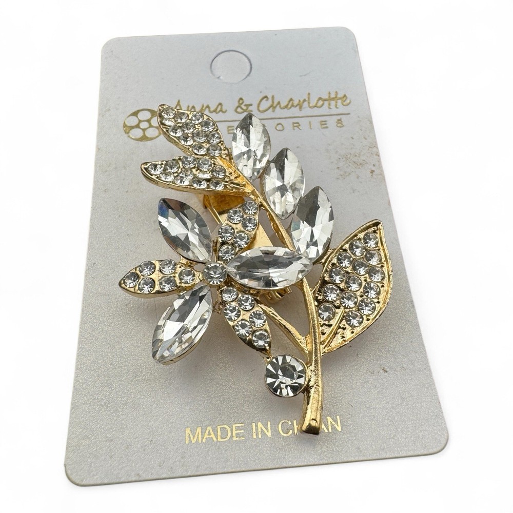 Beautiful Anna & Charlotte Gold Tone & Clear Rhinestone Flower Stem Brooch