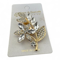 Beautiful Anna & Charlotte Gold Tone & Clear Rhinestone Flower Stem Brooch